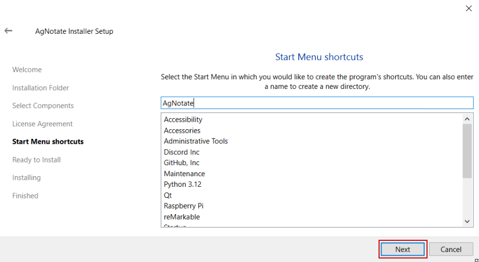 Installer Start Menu Shortcuts Page